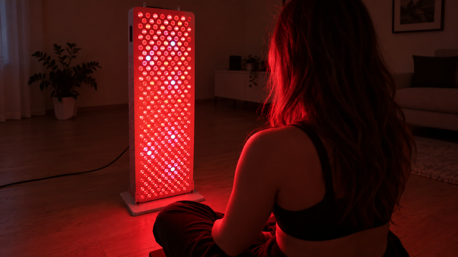 Vrouw in een verduisterde kamer voor een verlicht RedLab-paneel